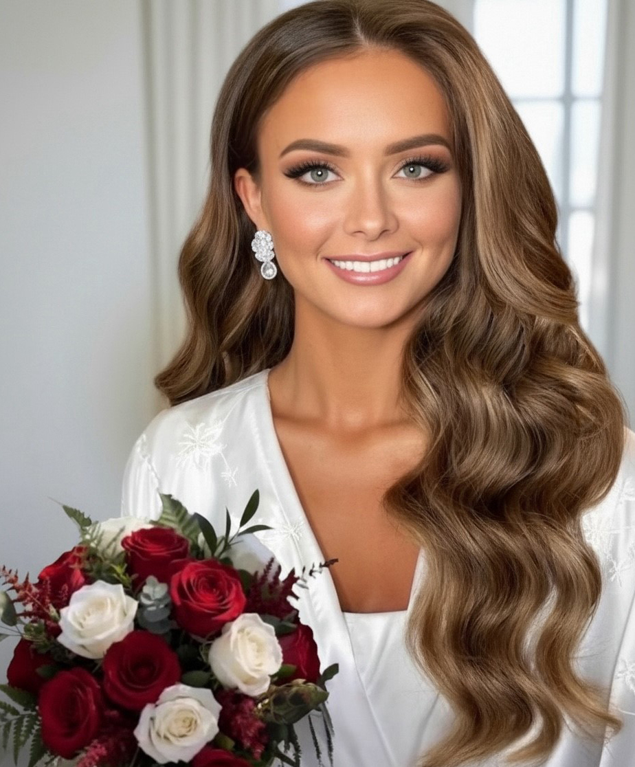 Bride with long Hollywood waves and soft glam makeup wearing a white robe, holding a red and white rose bouquet